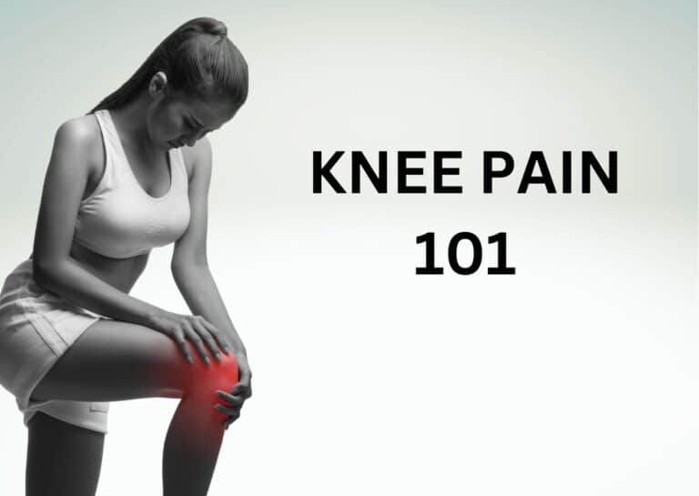 A person in activewear holds a knee highlighted in red, indicating pain, against a plain background.
