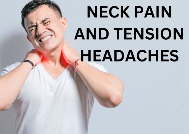 A person in a white shirt holds their neck with both hands, grimacing in pain.