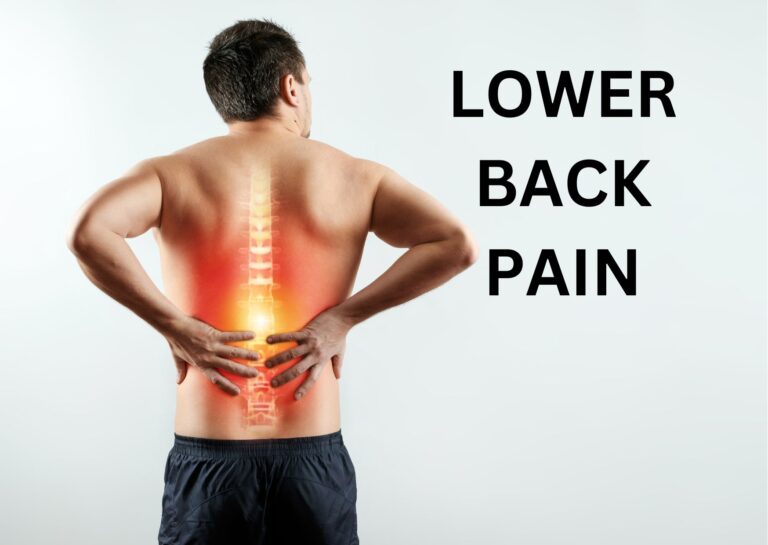 Man holding lower back with visible highlighted spine, indicating pain, stands against a grey background. Text reads "LOWER BACK PAIN."