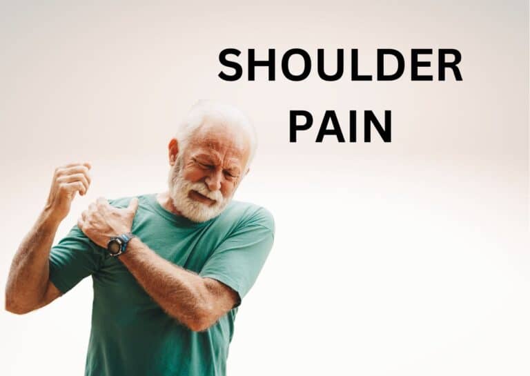 An elderly man in a green shirt grimaces, clutching his shoulder in pain; text reads "SHOULDER PAIN" on a plain background.