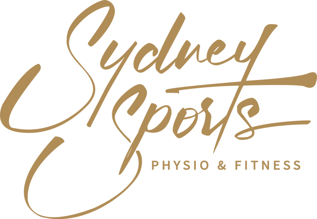 Cursive text displays "Sydney Sports" with "PHYSIO & FITNESS" underneath, all in gold against a transparent background.